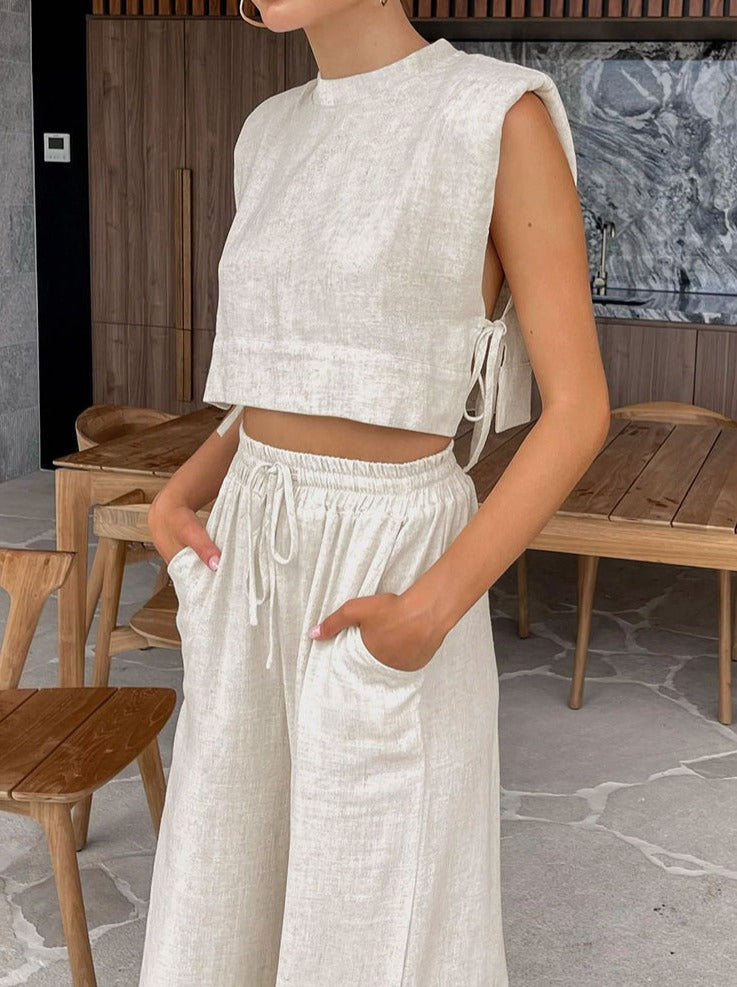 Casual Two Piece Linen Pants & Crop Top Set