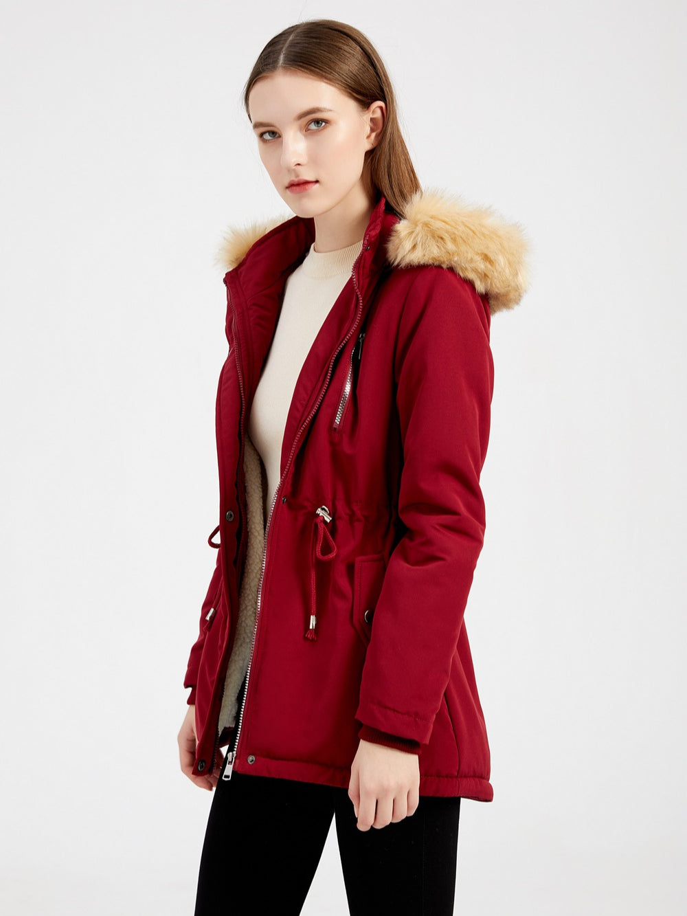 Warme Damen Winterjacke Mit Fellkapuze – Gefütterte Parka Jacke Mit Taillenzug