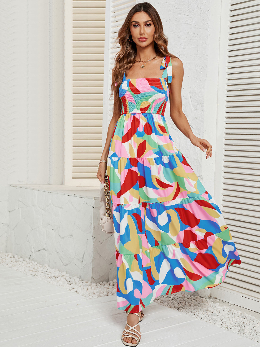 Casual Colorful Ribbon Shoulder Maxi Dress