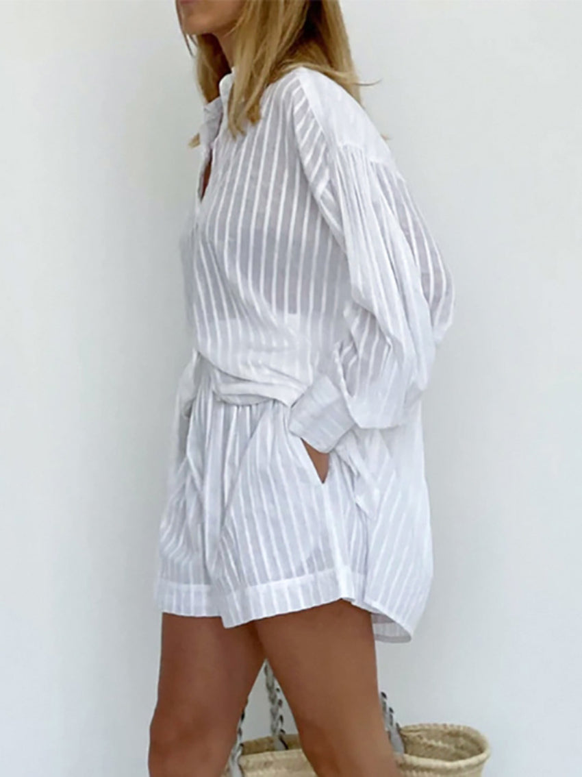 Two Piece Set Striped Long Sleeve Shirt Elastic Waist Short