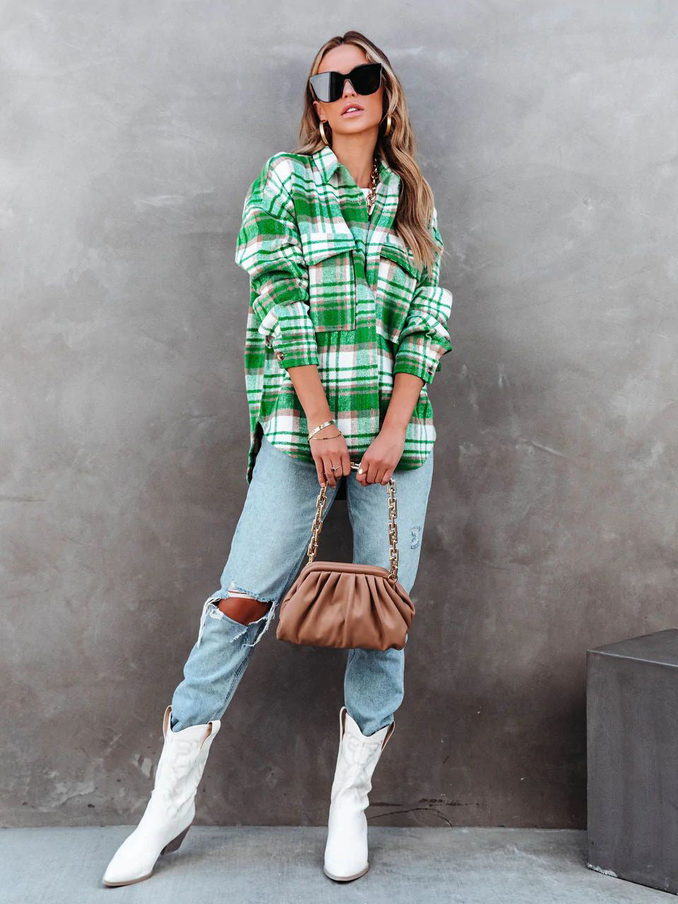 Chic Trendy Green Plaid Overshirt