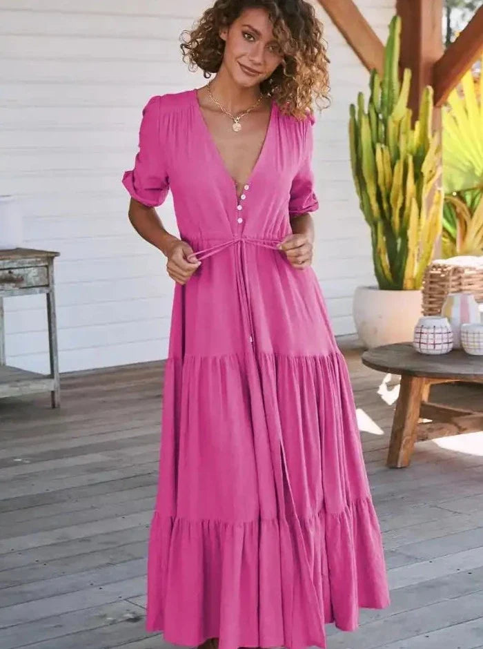 Boho Maxikleid , Lässiges Kleid mit Knopfleiste und V-Ausschnitt,