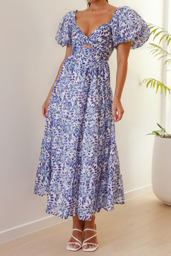 Floral Puff Sleeve Midi Dress in Blue and White