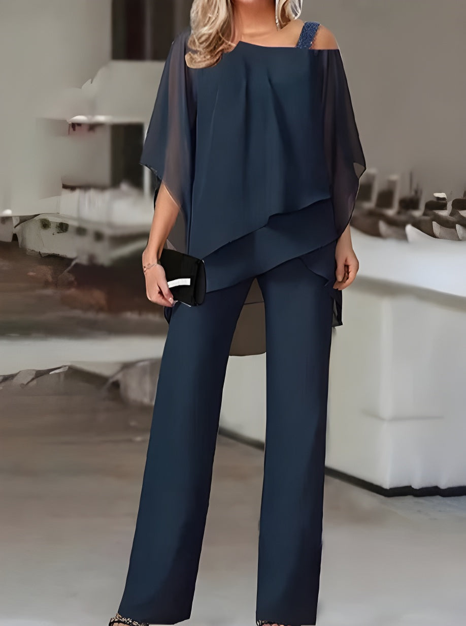 Luxurious Asymmetric Off The Shoulder Blouse & Pants Set