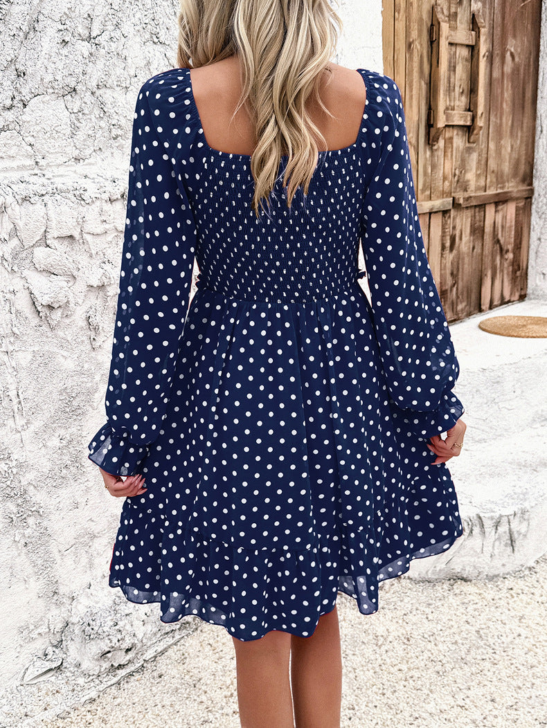 Casual Blue Off Shoulder Polka Dot Dress