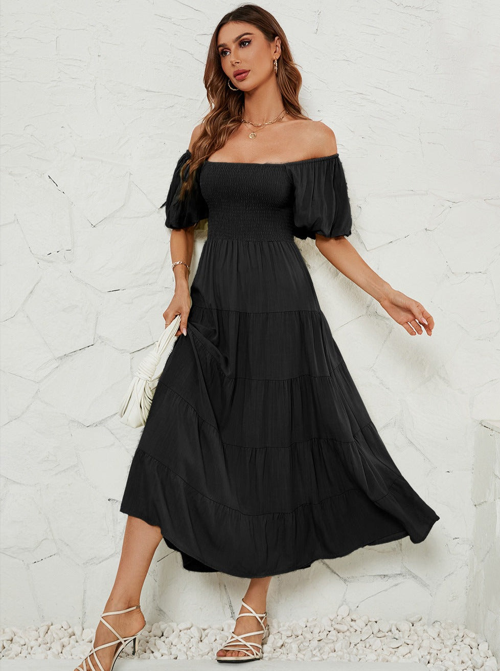 Black High Waist Bubble Sleeve Square Neck Maxi Dress