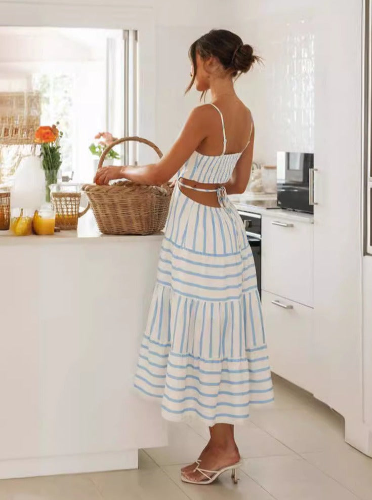 White and Blue Striped Cut Out Sides Sundress