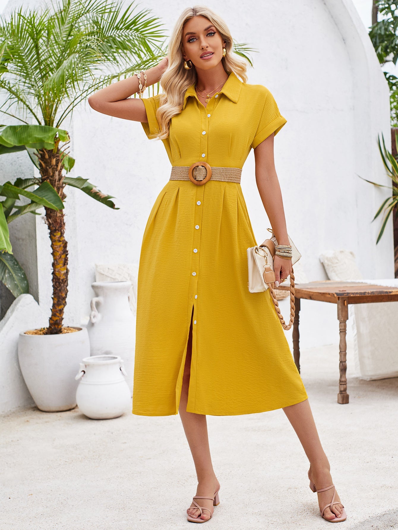 Plain Buttoned Tucked Shirt Short Sleeves Maxi Dress