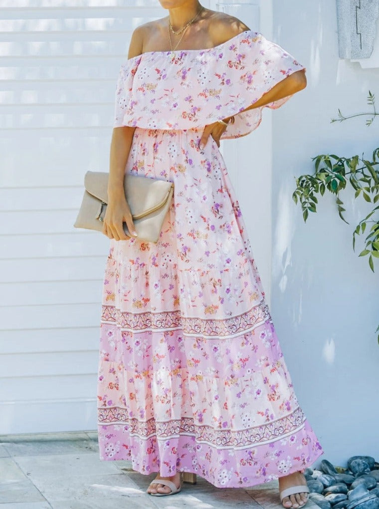 Pink Floral Retro Printed Off Shoulder Maxi Dress