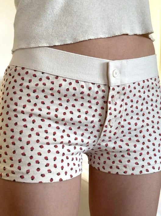 White Strawberry Printed Button Shorts