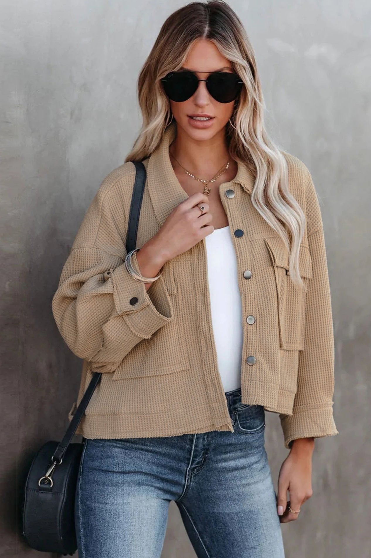 Khaki Long Sleeve Solid Color Collared Jacket