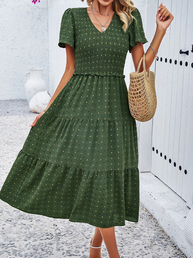 Green Temperament V-Neck Short-Sleeved Dress