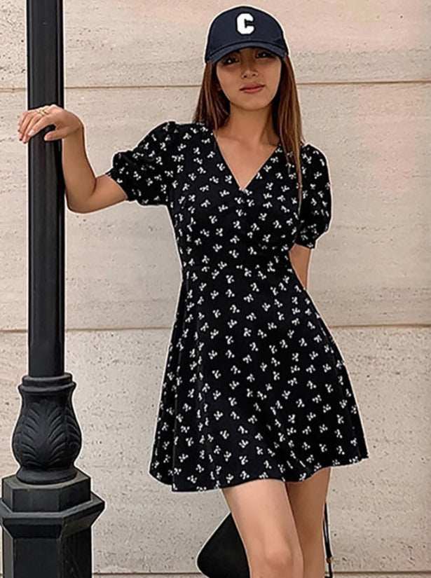 Black Puff Sleeve V-Neck Overall Printed Mini Dress