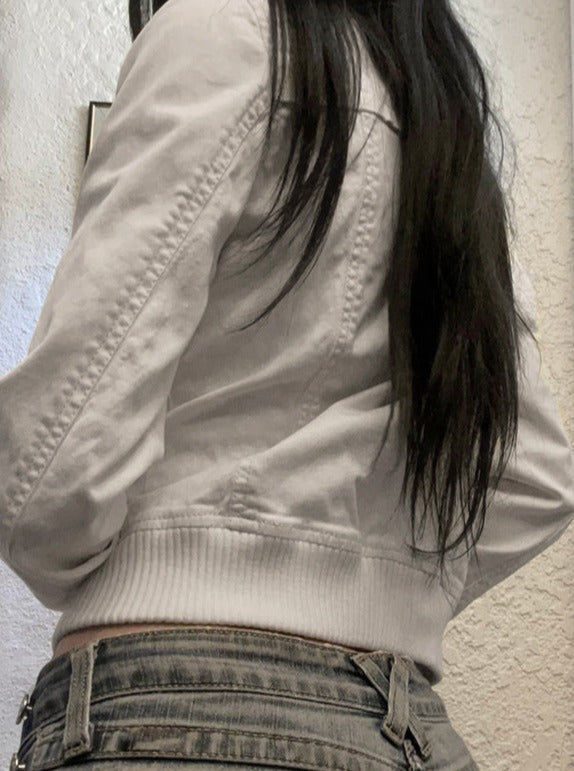 White Jean Casual Zipper Jacket