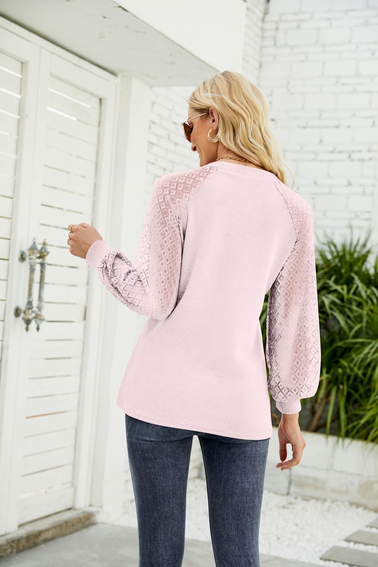 Stylish Pink Waffle Lace Long Sleeve V-Neck Top