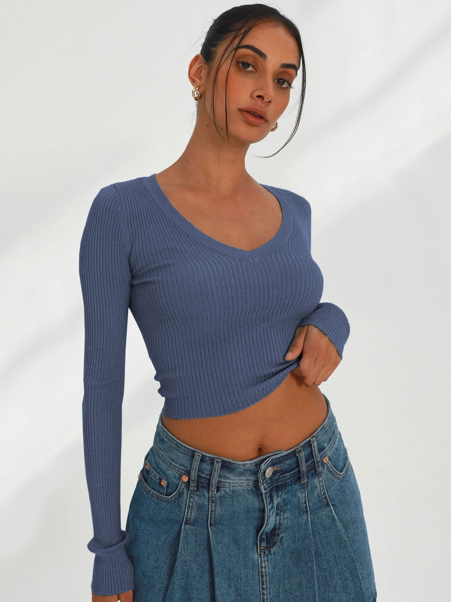 Blue Sexy Long Sleeve Knitted V-Neck Shirt