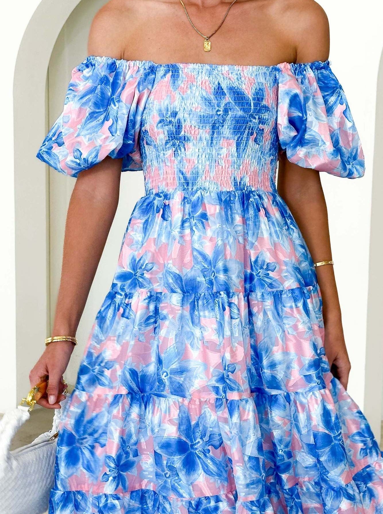 Blue Floral Smocked Square Neck Puff Sleeve Dress