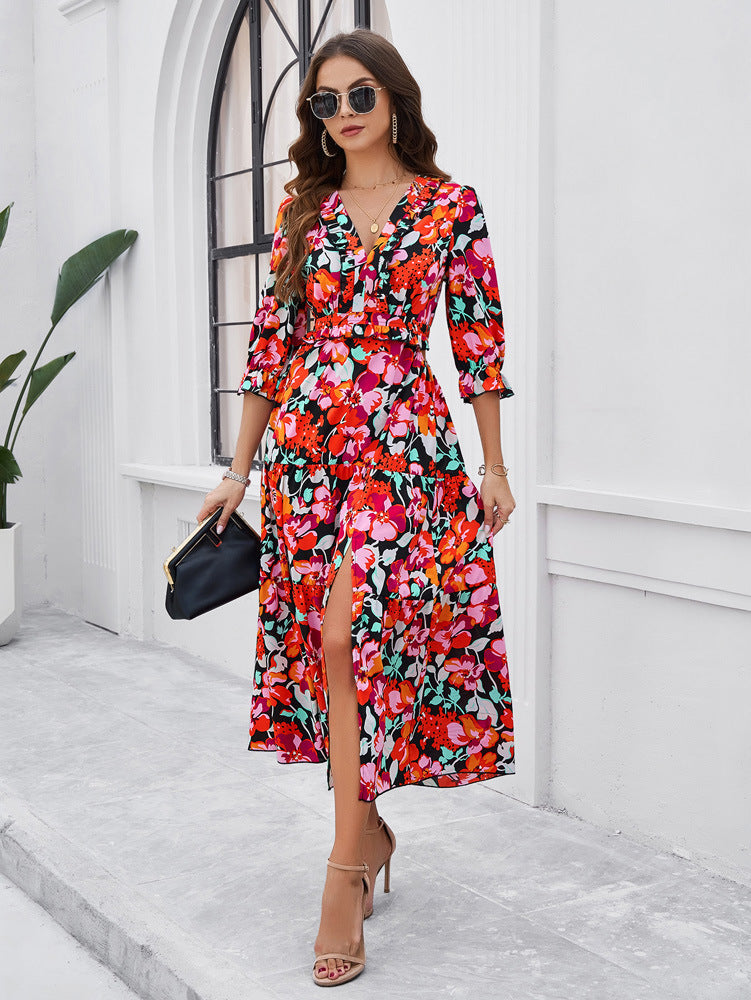 Red V-Neck Floral Printed Sundress