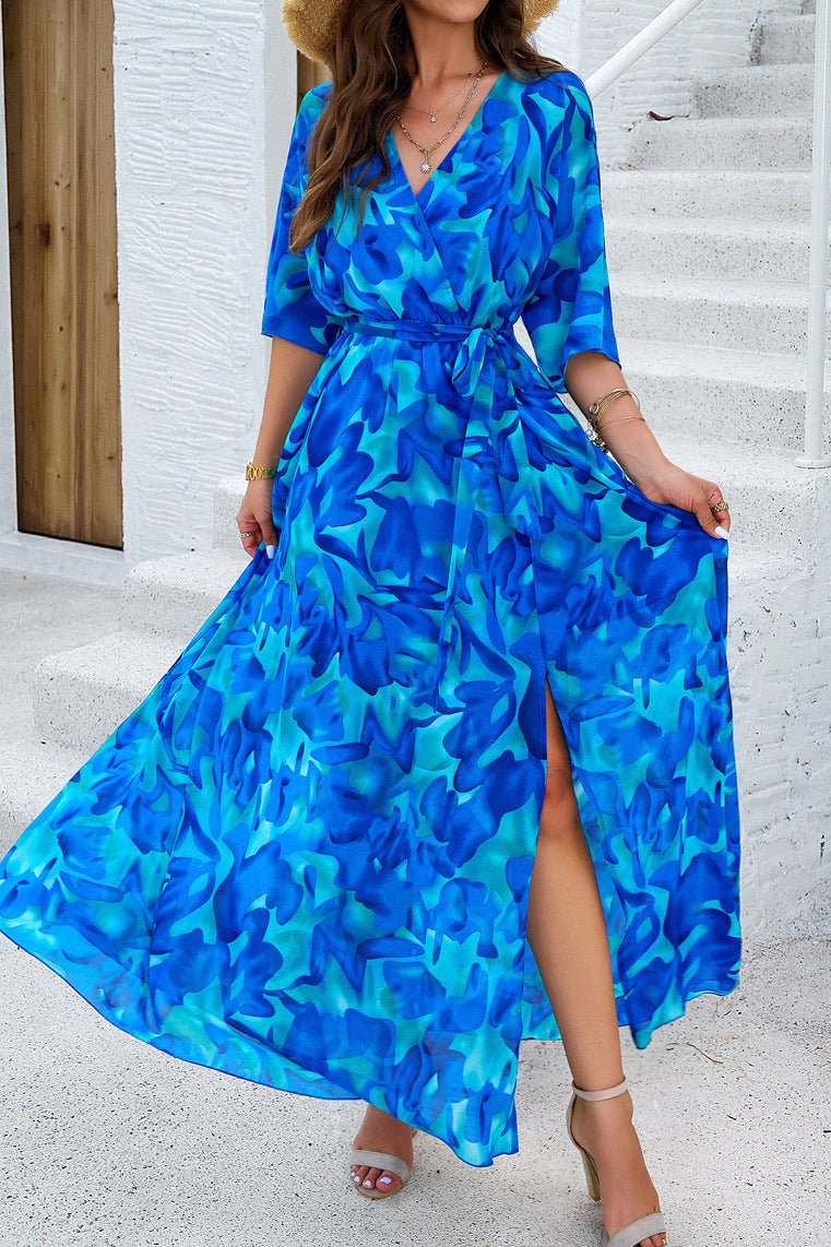 Floral V-Neck Wrap Around Belted Midi Dress