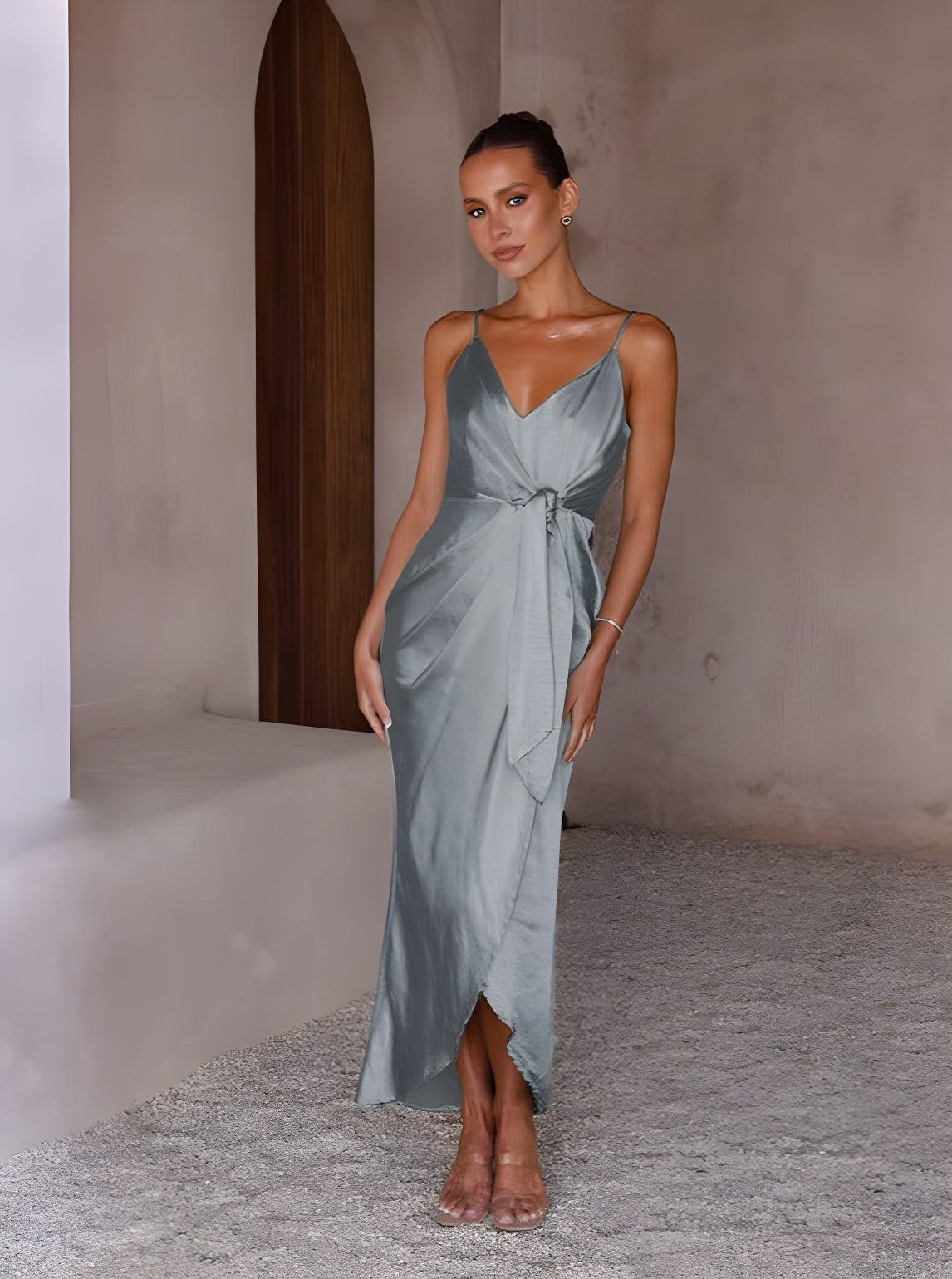 Wickelkleid Satin Spaghettiträger - Festlich Lang mit Schlitz - Elegantes Abendkleid für Feiern