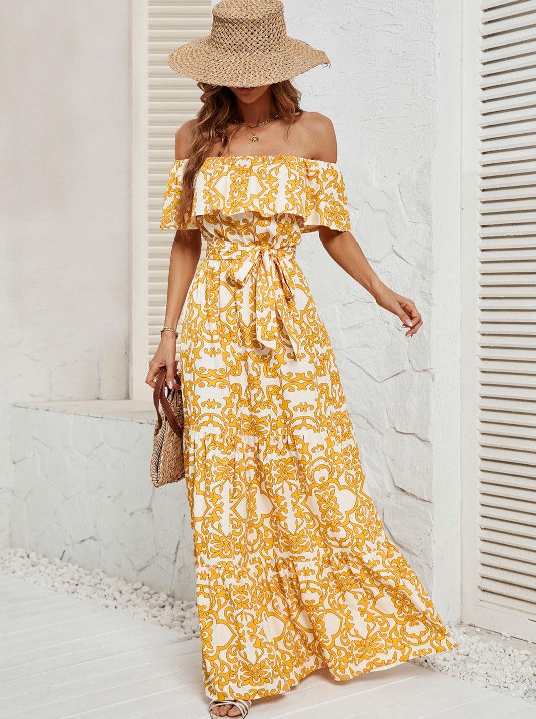 Off Shoulder Floral Ruffle Temperament Maxi Dress