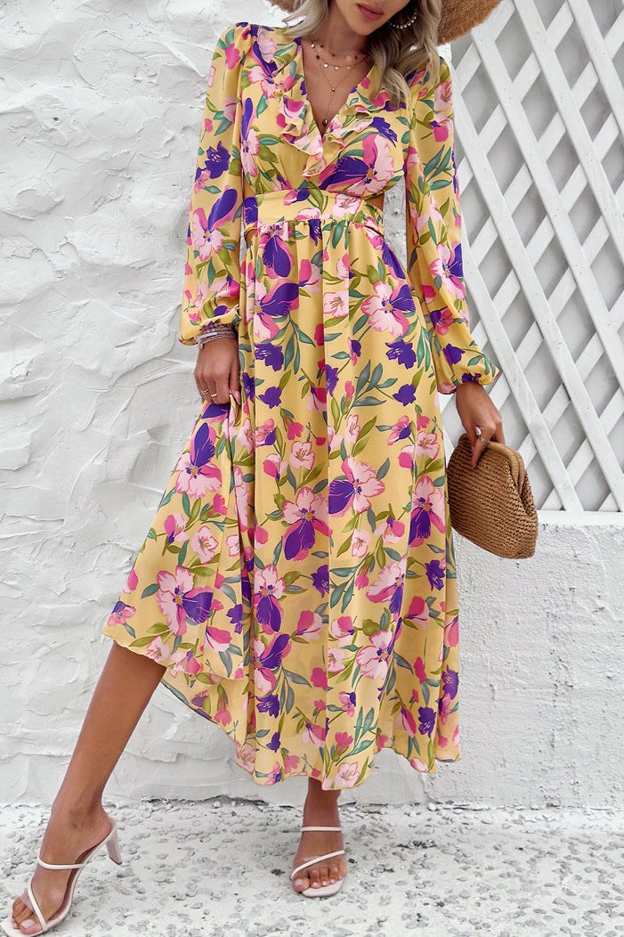 Long Sleeve Deep V-Neck Yellow Floral Maxi Dress