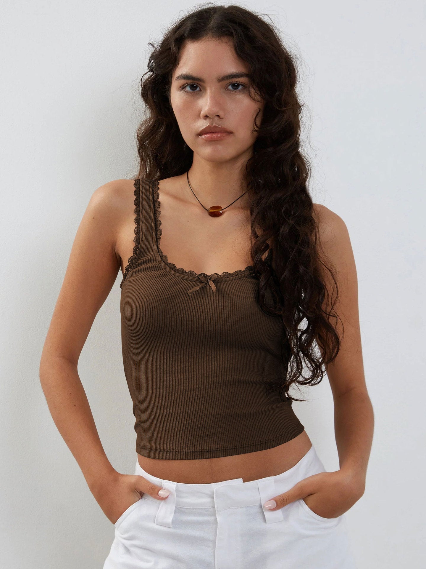 Brown Tank Lace Sleeveless Crop Top