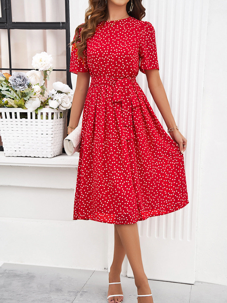 Retro Polka Dots Printed Round Neck A-Line Dress