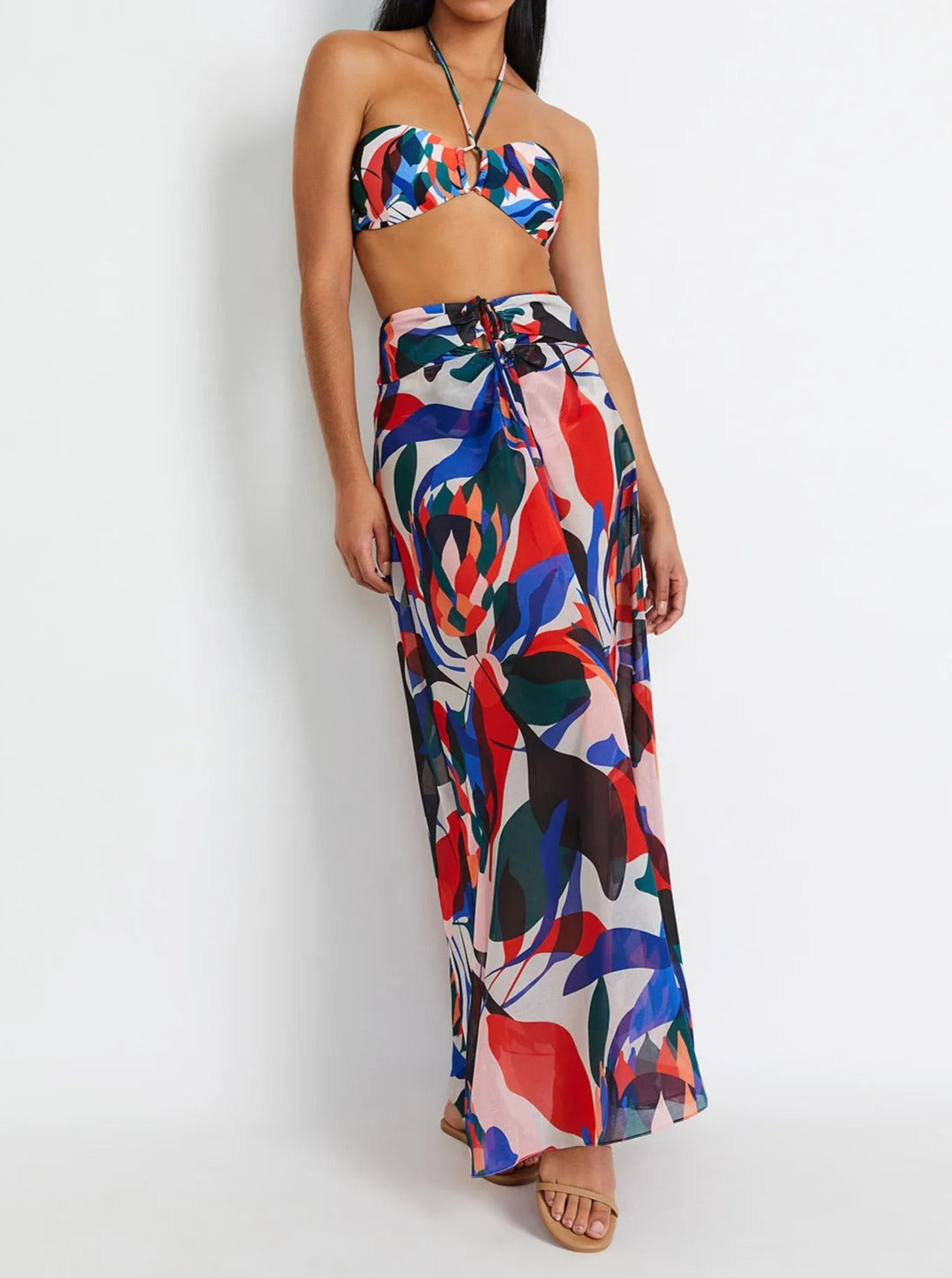 Three Piece Multi Color Bikini and Skirt