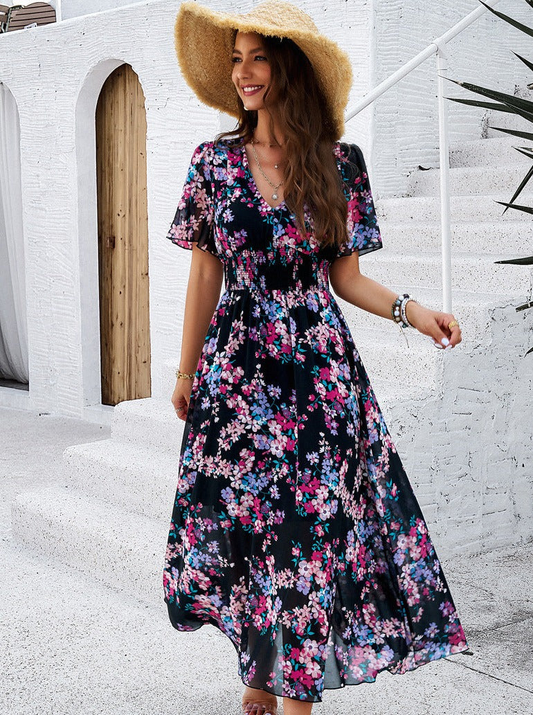 Black Smocked Floral V-Neck Short Sleeve Dress