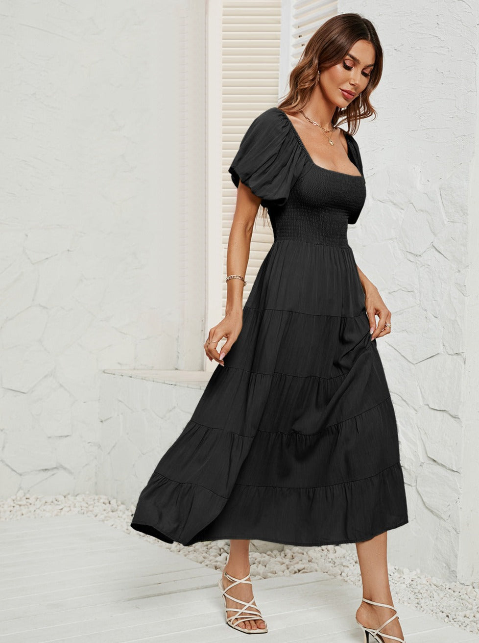 Black High Waist Bubble Sleeve Square Neck Maxi Dress