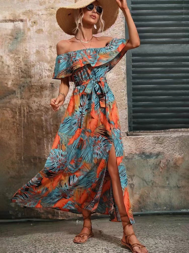 Elegant Off Shoulder Tropical Printed Slit Dress