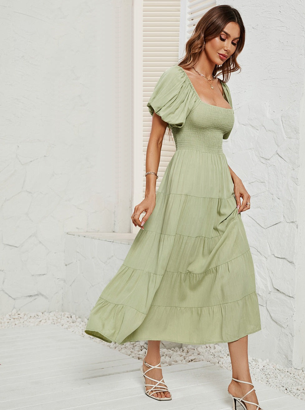 Green High Waist Bubble Sleeve Square Neck Maxi Dress