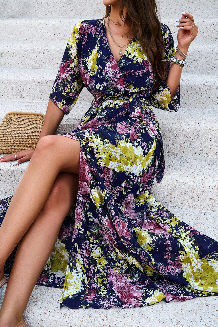 Floral V-Neck Wrap Around Belted Midi Dress