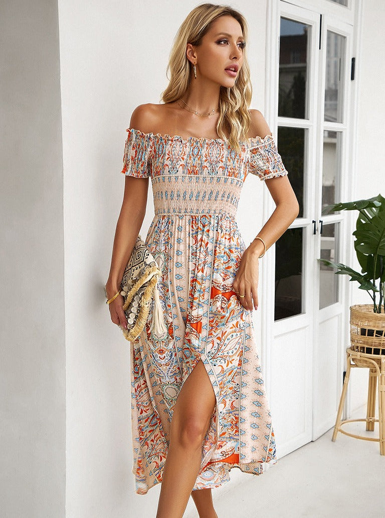 Summer Off Shoulder Bohemian Slit Midi Dress