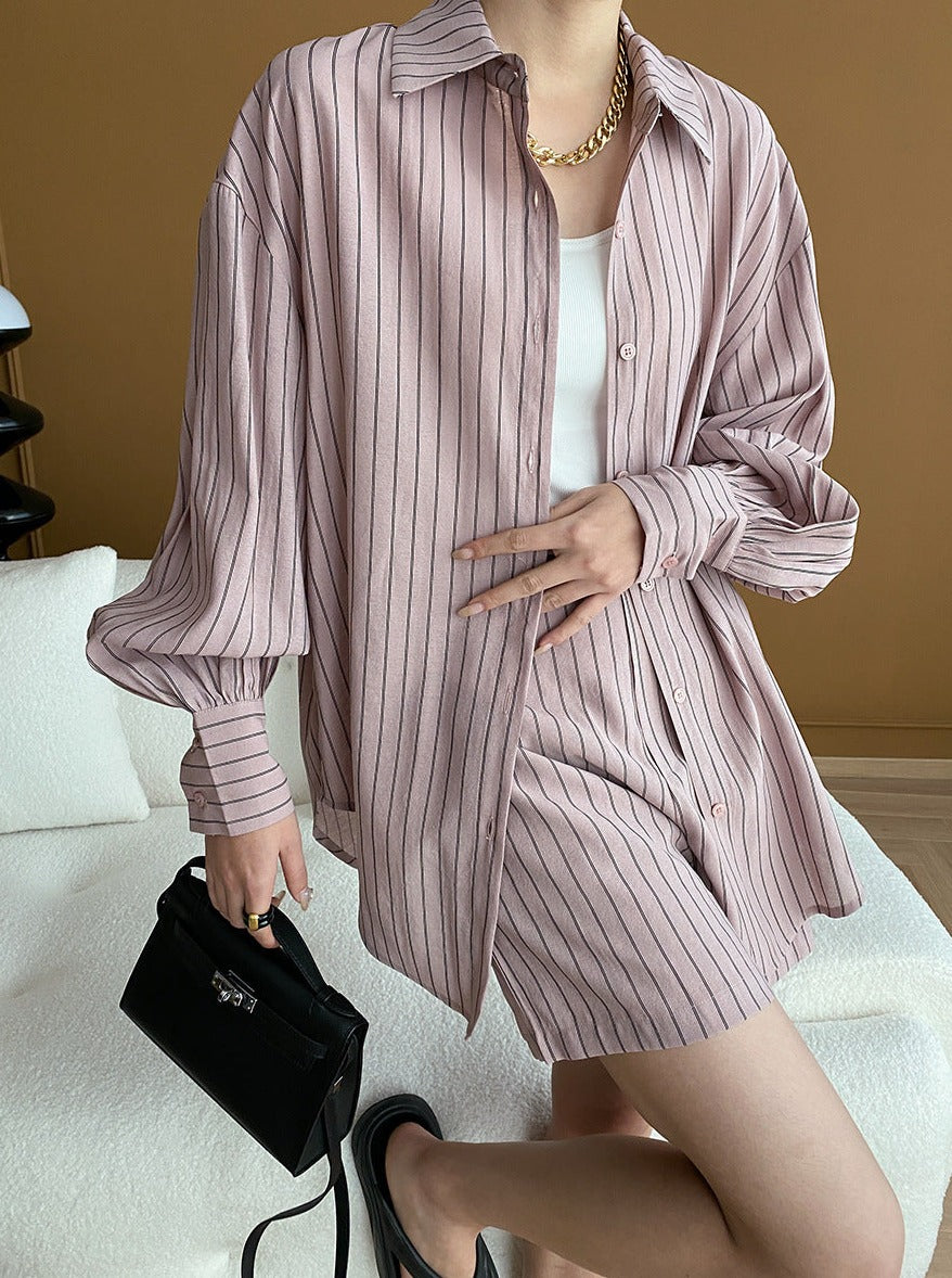 French Stripe Long-Sleeved Shirt and Shorts Set