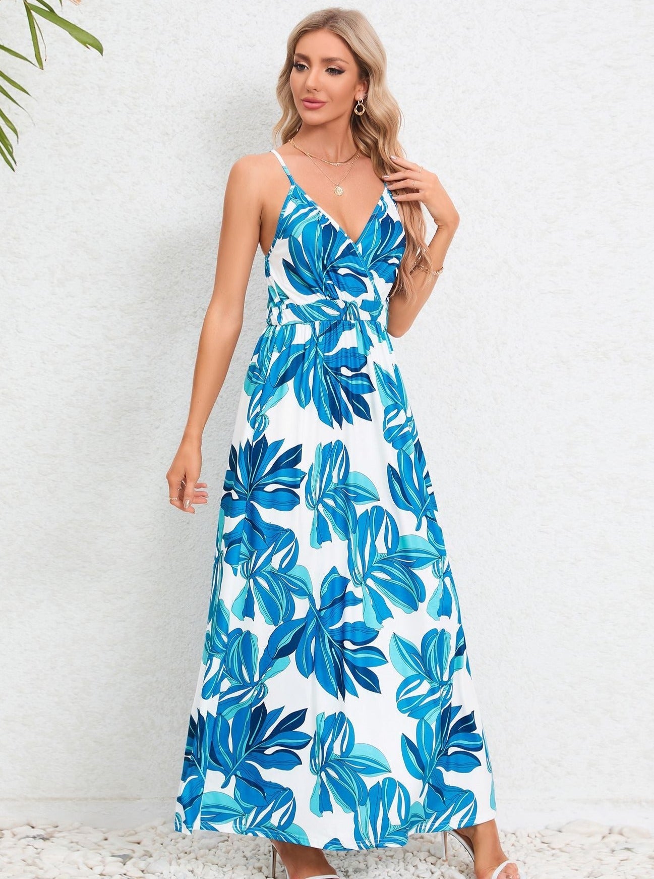 White Blue Tropical Printed Long Dress