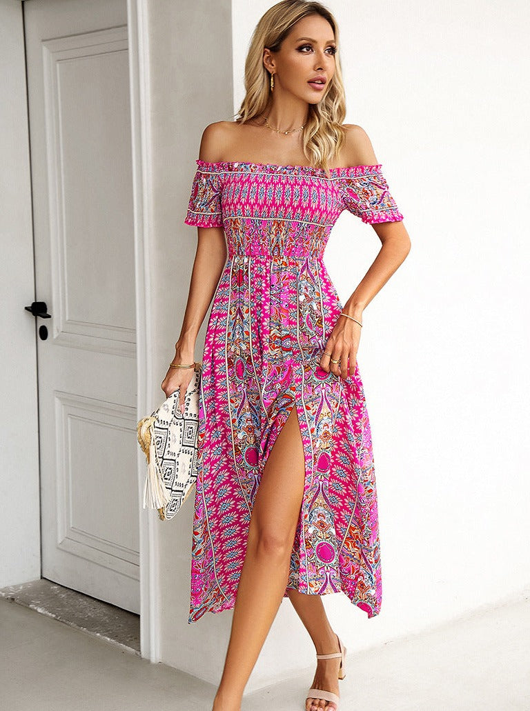 Summer Off Shoulder Bohemian Slit Midi Dress