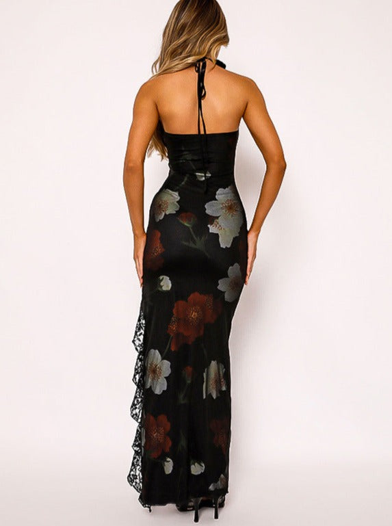 Black Flower Print Sexy Sleeveless Dress