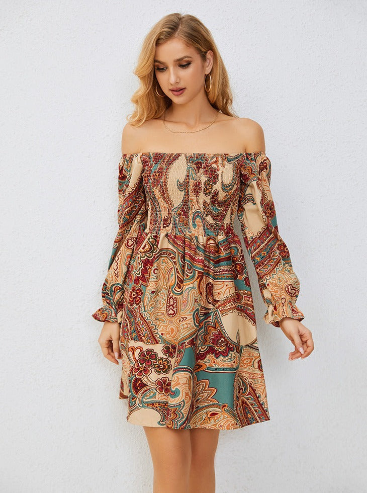 Off Shoulder Long Sleeve Bohemian Mini Dress