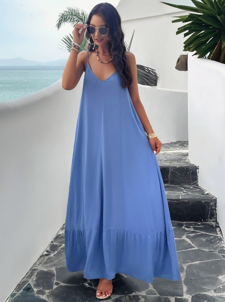 Blue Casual Solid Color Suspender Maxi Dress