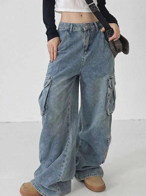 High Waist Plain Cargo Wide Leg Pants