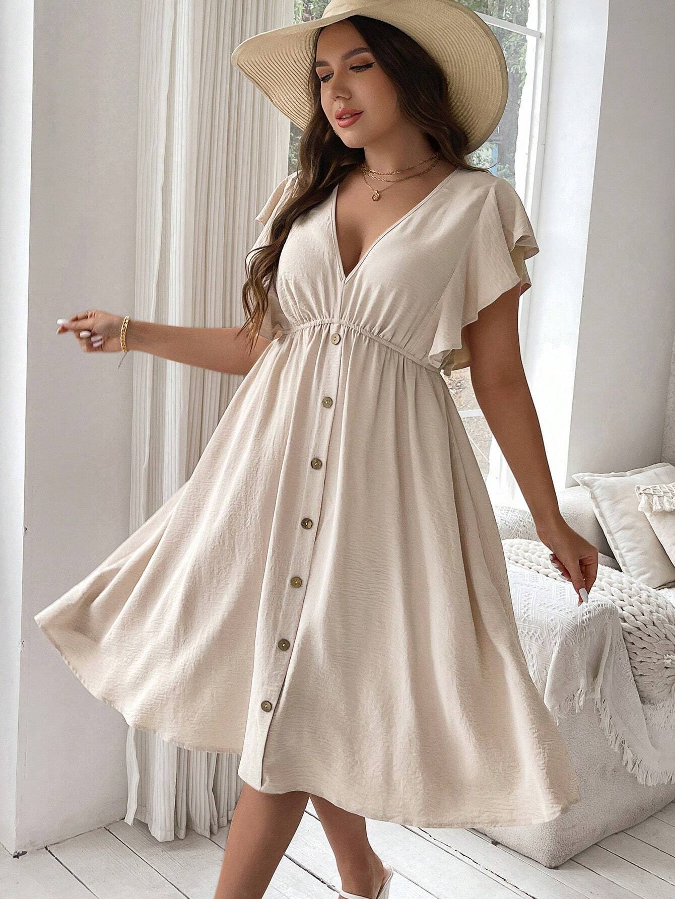 Plus Size V-Neck Button Down Sun Dress