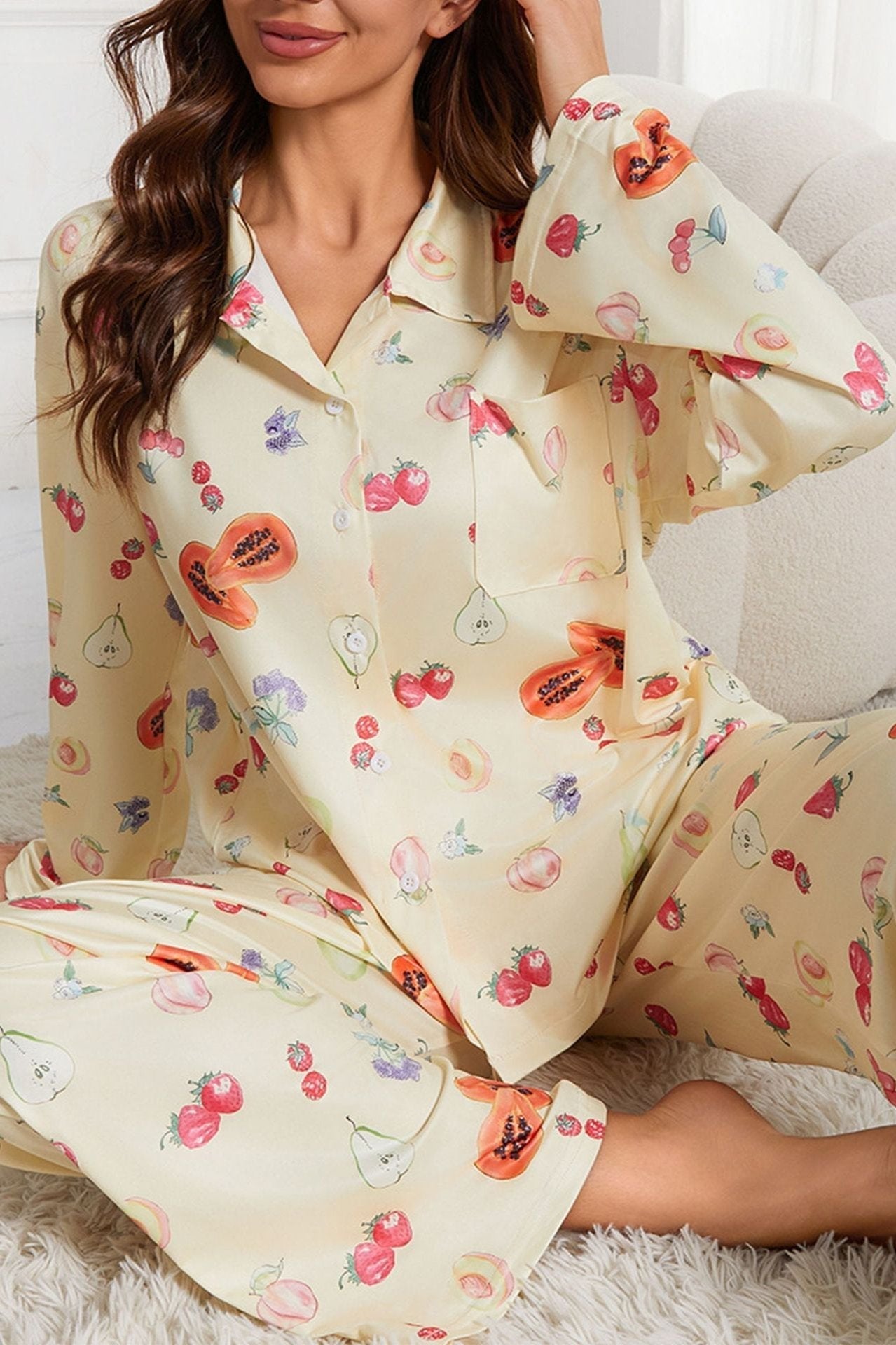 ﻿Fruit Printed Yellow Long Sleeve Shirt Wide Leg Pajama Set