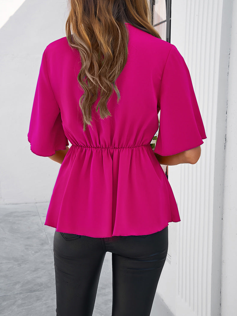 Rose Plain V-Neck Ribbon Tie Blouse