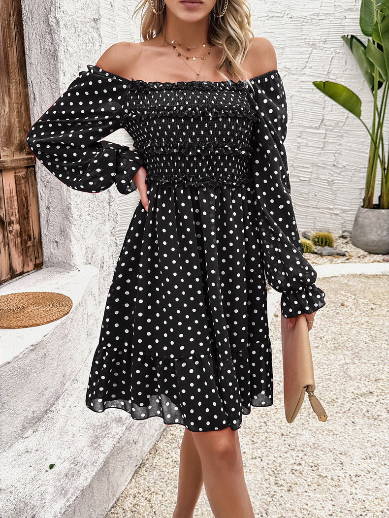 Casual Black Off Shoulder Polka Dot Dress