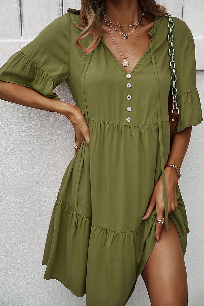 Green Sexy Frill V-Neck Drawstring Tie Smock Dress