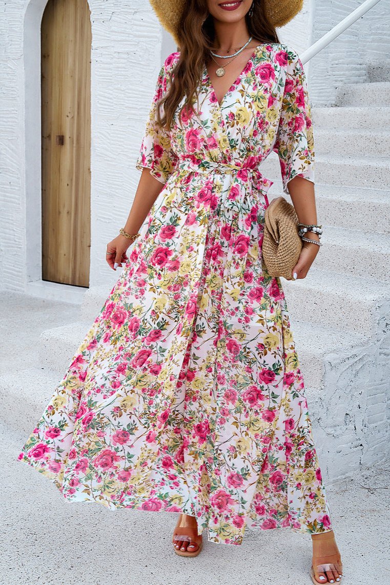 Pink Floral V-Neck Wrap Around Belted Midi Dress