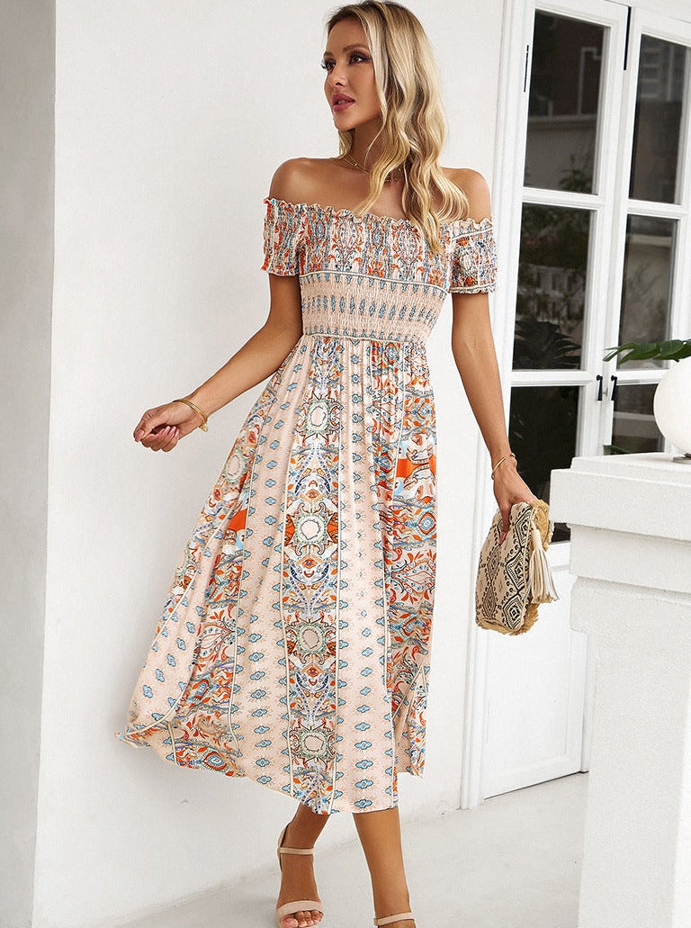 Summer Off Shoulder Bohemian Slit Midi Dress