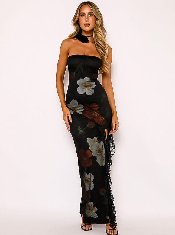 Black Flower Print Sexy Sleeveless Dress